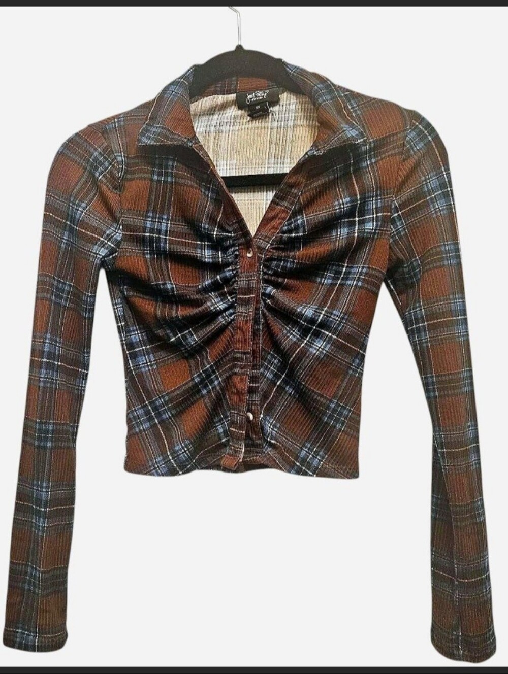 Just Polly Ruched Brown Blue Plaid Button-Down Crop Flannel